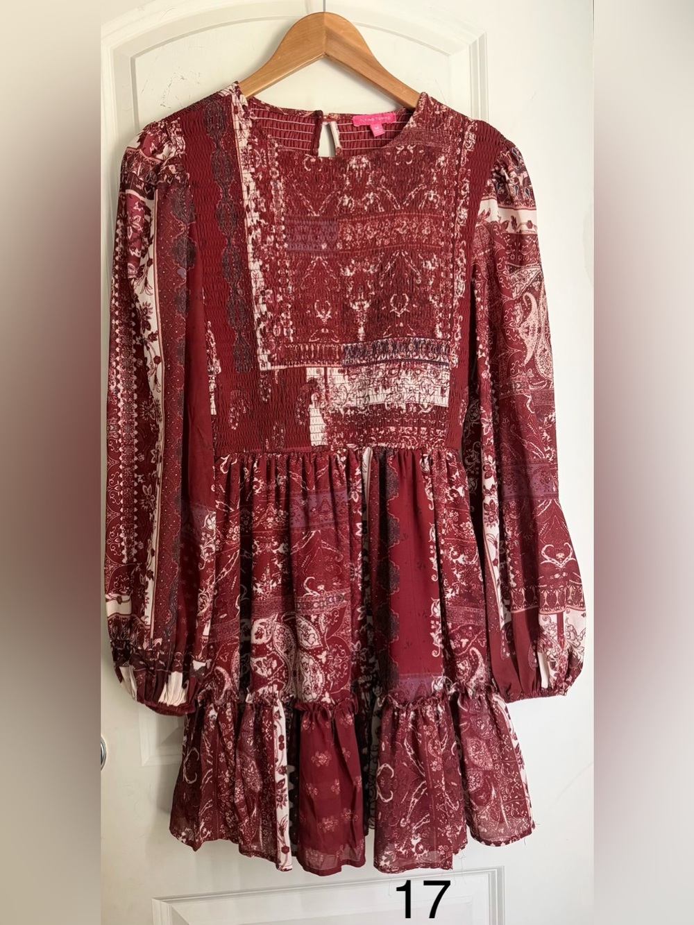Flying tomato Women's Red Paisley Long-Sleeve Smocked dress ruffle flowy M boho